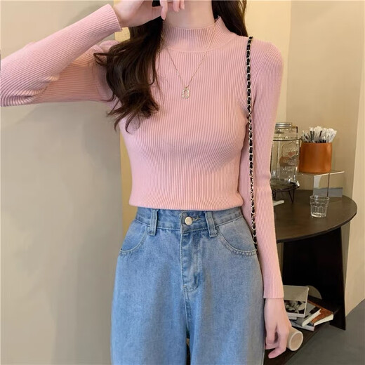 BONAS solid color half-turtleneck long-sleeved sweater women's base layer spring, autumn and winter Korean style versatile slim-fit sweater tops for women, half-turtleneck black, one size fits all (80-140Jin Jin equals 0.5kg)