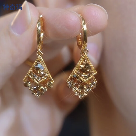 Techima's high-end temperament zircon rhombus earrings for female Internet celebrities, fashionable face-shaping earrings for girlfriend on Chinese Valentine's Day, golden earrings