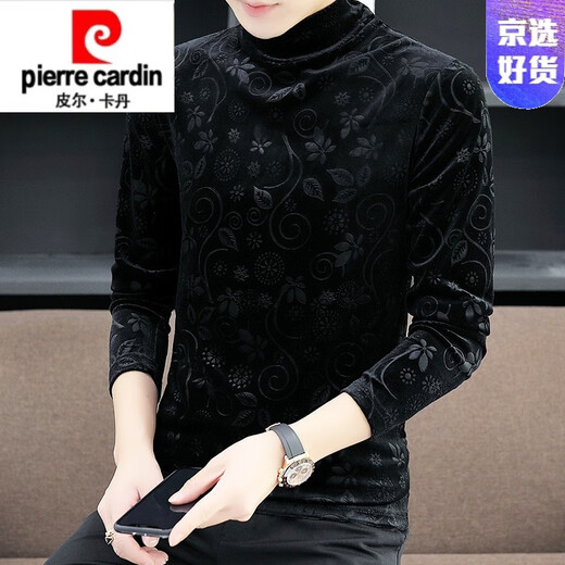 皮尔卡丹（pierre cardin）加绒男士半高领长袖恤打底衫金丝绒中高领男装社会人上衣体恤 693黑色 薄款 M