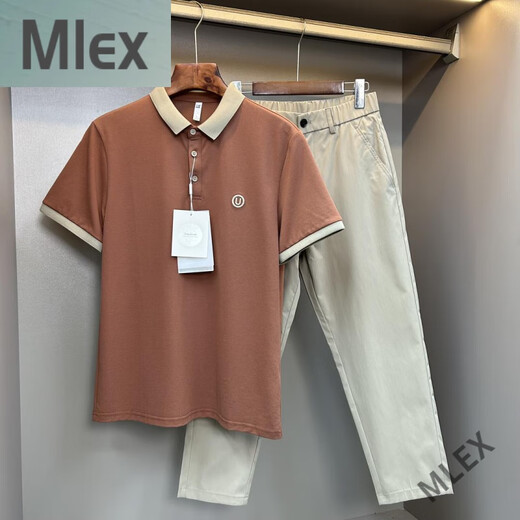 MLEX McArron Clothing High Summer Men's Set POLO Shirt Casual Trousers Two-Piece Set Simple Slim Short Sleeve White + Khaki L (115-130)