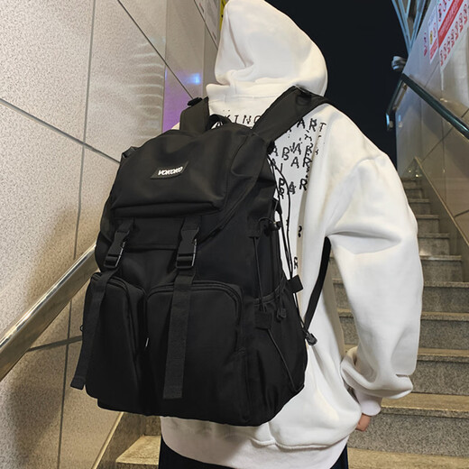 威纳登短途旅行背包男新款潮牌大容量双肩包女大学生初高中生书包电脑包 黑色