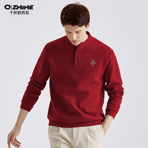 Year of the Paper Crane and Snake limited edition men's winter new men's Henry collar plus velvet thickened sweatshirt for young and middle-aged men's bottoming shirt dad wear 91D red plus velvet M