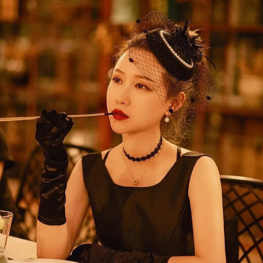 薇施莲【抖音同款】小礼帽旗袍夜上海名媛头饰配饰民国洋气欧美复古发饰 黑色头纱珍珠小礼帽+手套