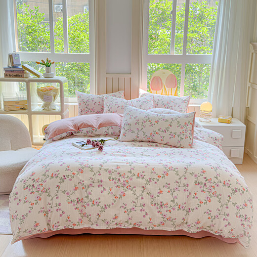 Yalu Class A bedding four-piece set non-cotton pure cotton sheets and quilt covers for home double sleeping naked 1.8m bedding set Fenyu Class A maternal and infant grade bed sheet style 1.5m four-piece set quilt cover 200x230cm