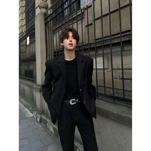 Xinghelai black casual suit jacket men's spring and autumn style yuppie men's trendy brand Hong Kong style Korean style suit complete set black suit + black trousers 2-piece set L 125Jin Jin equals 0.5 kg within