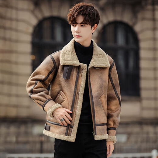 Falling retro flight jacket men's fur one-piece suede lambswool jacket thickened large size couple leather jacket trend retro brown 4XL