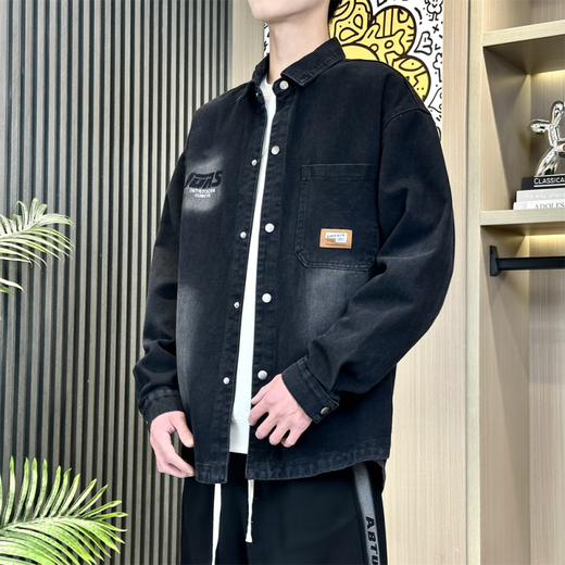 花花公子秋冬季新款牛仔外套高中生男孩青少年帅气大学生夹克衬衫男装套装 9209【上衣】黑色 品质保证 M (90-105斤左右)