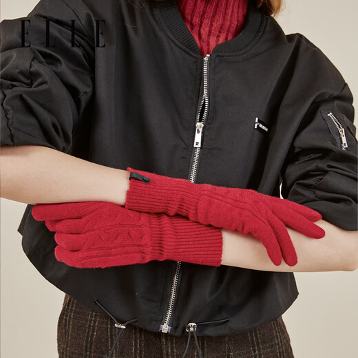 ELLE 100% sheep wool gloves for women autumn and winter outdoor warm and fashionable knitted fingertips for students driving with touch screen