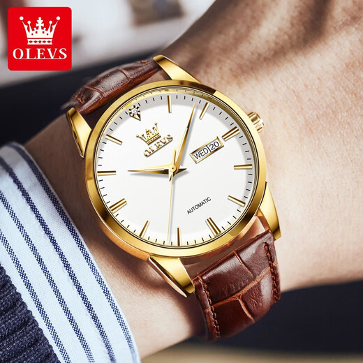 Olevs Swiss Certified Brand Watch Herren Mechanical Watch Vollautomatische Herren Uhr Waterdes Luminous Doppelkalender High-End-Uhr Olevs-6629 Männer-braune Leder weiße Oberfläche