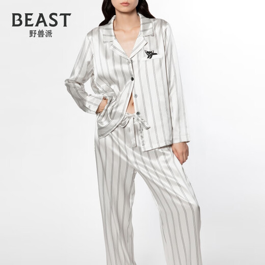 THE BEAST Hide and Seek White Stripe Print 22 Mumi Silk Homewear Set Couple Pajamas Women M