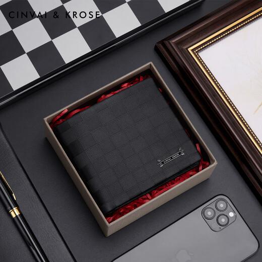 CinvaiKrose wallet men's short style new first-layer genuine leather multi-card slot cowhide wallet birthday gift for boyfriend black