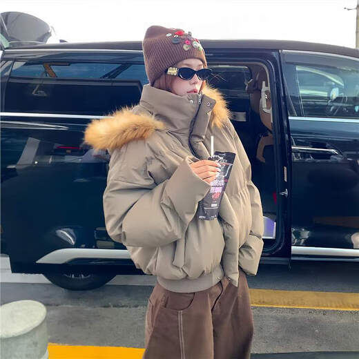 Lifting Removable Hat Fur Collar PU Leather Down Jacket Men's Autumn and Winter Thickened Short Bread Jacket American Style Hooded Jacket Brown S (Recommended 85-100 Jin Jin equals 0.5 kg)