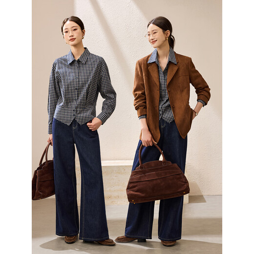 Mohan Yimei French women's shirt tops commuting shirt 25 autumn high-end hot style waist-cut workplace women's wear navy plaid color 2XL