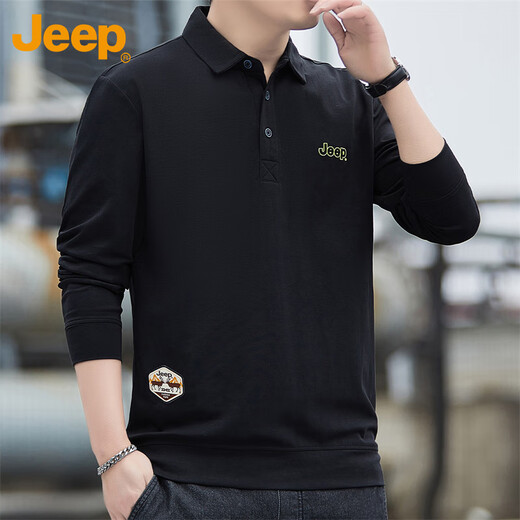 Jeep (JEEP) long-sleeved T-shirt men's autumn and winter polo loose casual bottoming shirt clothes men's black 2XL