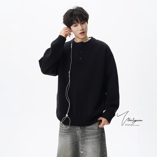 V37 American retro Henry collar sweater for men in autumn trendy brand cleanfit loose casual sweater jacket trendy light gray M