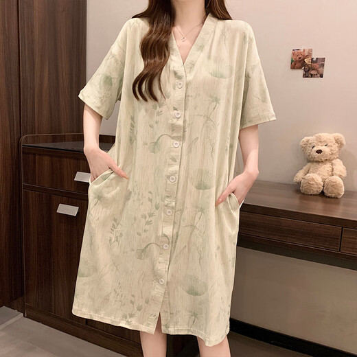 Mengluan Braveur à manches courtes avec poitrine 2025 Été Nouveau pyjamas à rayures à rayures haut de gamme Vêtements de maison en vrac de grande taille 5155 Fleurs vertes (avec poitrine) L