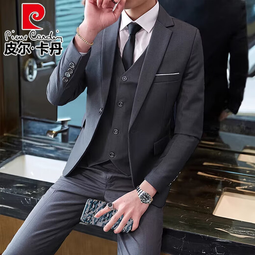 Pierre Cardin high-end suit suit men's business slim suit men's professional formal suit small suit groom's best man wedding dress black double button suit + trousers + shirt free tie XL 175 115-130Jin Jin equals 0.5 kg
