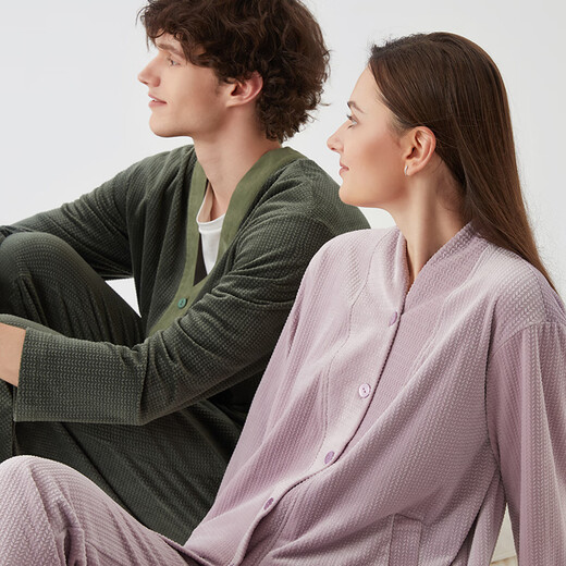 Chundu Soft Island Velvet Couple Pajamas Men's Autumn and Winter Cardigan Coral Velvet Winter Wearable Home Clothing Women's Velvet Moss Green (Male) XXXL