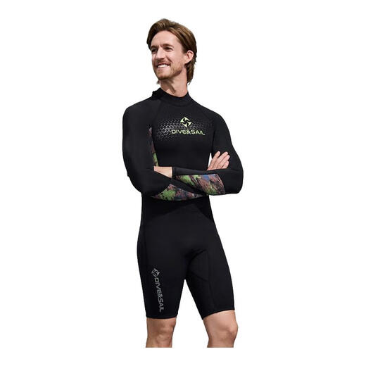 DIVE&SAIL wetsuit 1.5MM men's and women's one-piece long-sleeved shorts wetsuit thickened cold-proof swimsuit surfing suit snorkeling suit 1.5mm men's black S