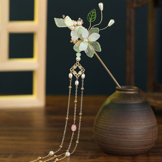 Luruo ancient style Hanfu headdress, super fairy green tassel hairpin, rocking comb earrings, full set of hair accessories, hairpin, ancient costume accessories, Qingluo suit ear clip style