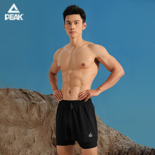 匹克泳裤男泳衣男防尴尬速干平角沙滩裤双层温泉海边度假黑2XL