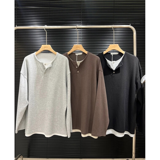 Shelley Jones gray fake two-piece long-sleeved Henry collar long-sleeved t-shirt for men in autumn with waffle T-shirt and base layer light gray XL recommended 125-145Jin Jin equals 0.5 kg