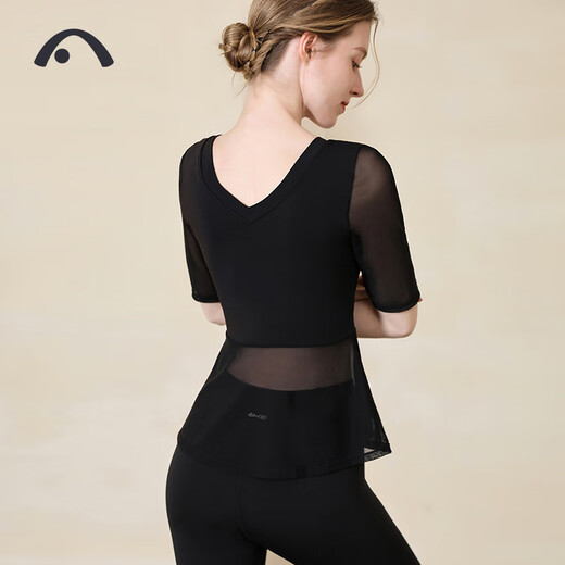 Aixiabu yoga clothing top for women spring and summer thin professional Pilates sports T-shirt mid-sleeve fitness clothing loose large size quick-drying black/with chest pad A7320NS L