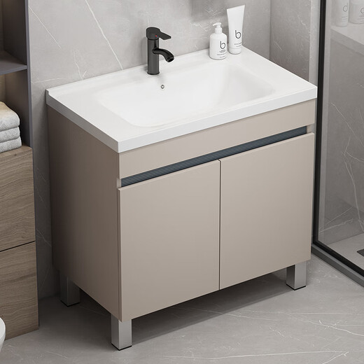 Dafify Honeycomb Aluminium Badezimmerschrank Keramik integriertes Badezimmer Waschbeckenschrank Kombination bodenhörigem Waschbecken Balkon Waschbecken Pool F828 Milch Kaffeetür plus halbem Spiegelschrank 60 cm