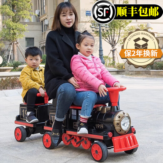 Haolaixi little train baby electric car four-wheel male and female baby can sit on the stroller children's toy cartoon rechargeable car four-wheel drive black and red + 1 car remote control + 2 sets of 12V10 large batteries + early education
