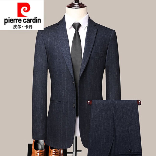Pierre Cardin high-end men's wool suit striped no-iron suit dress slim business casual middle-aged men's suit thick black and gray striped suit M