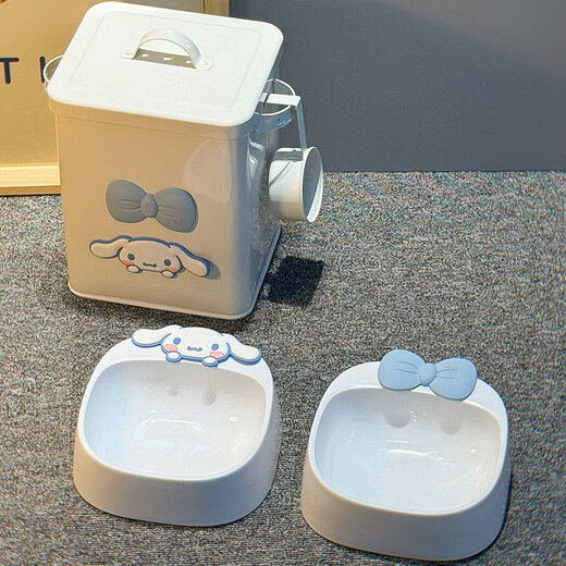 Cat bowl plastic double bowl dog bowl cat food bowl cat food bowl drinking water pet dog bowl dog food bowl dog food bucket dog milky white bow cinnamon dog food storage bucket free delivery