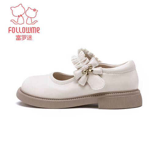 Fuluo Mi Girls' Leather Shoes Spring and Autumn New Square-Odor Breathable Soft Sole Single Shoes Children's Campus Performance Shoes Beige 35