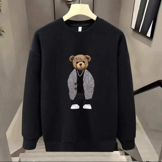 Kuraishi Kazuki trendy brand high-end fashion bear sweatshirt men's autumn and winter new loose round neck long-sleeved jacket for men black XL