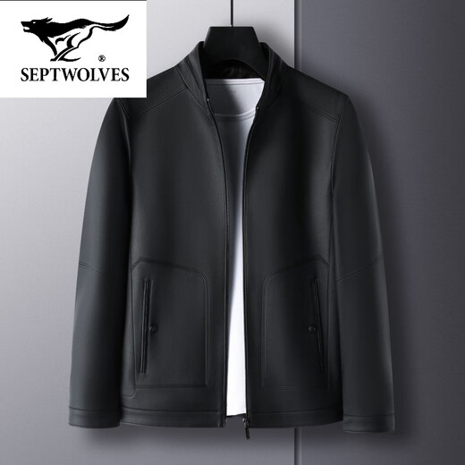 SEPTWOLVES stand collar leather jacket for men middle-aged dad autumn and winter new leather jacket men's business casual plus fleece leather jacket black thin 2XL 185 (suitable for weight 150-165)