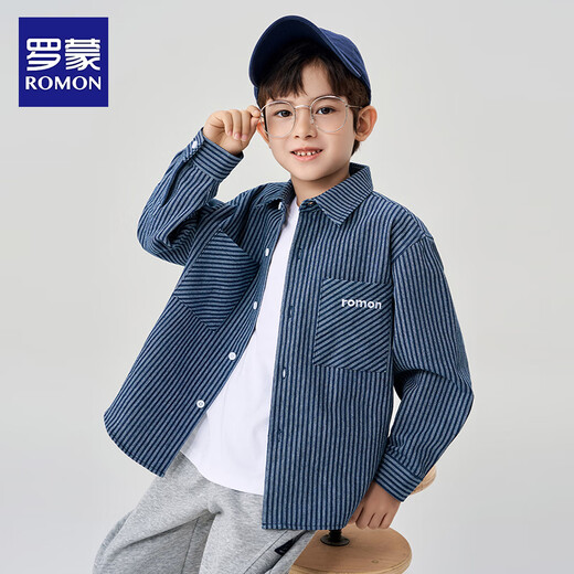 Romon Boys Striped Shirt New Fashionable Children's Autumn and Winter Jacket Trendy Handsome Spring and Autumn Thick Shirt Blue 140