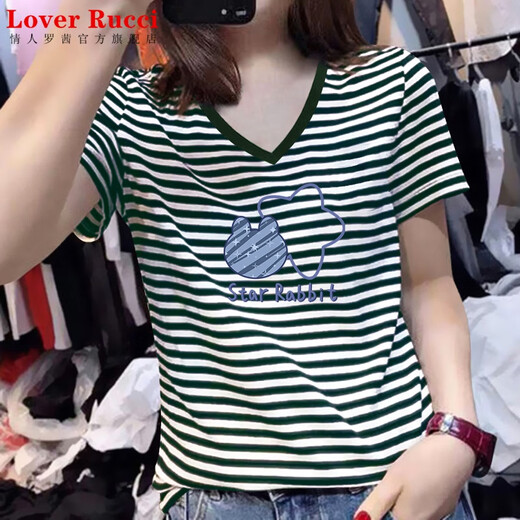 LOVER RUCCI法国女士V领短袖t恤女2025新款欧货正肩鸡心领条纹印花体恤上衣潮 1476黑白条纹【V 领】 3XL
