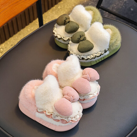 Winter children's cotton slippers for girls and princesses, non-slip EVA warm plus fluffy bow, small and medium-sized children's cotton slippers, upgraded version of environmentally friendly material pink (heel included) 12 28/29 size (inner length 17CM, no rear elastic band