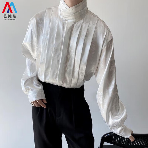 美纯炫宫廷风复古新中式暗纹提花缎面高领长袖衬衫男歌手演出礼服感 白色 M