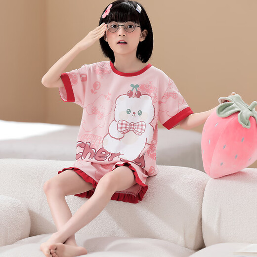 浪莎母女亲子装睡衣女童夏季短袖薄款纯棉家居服小女孩学生夏天套装 LYP687 XS (140) 130-140CM/70斤左右