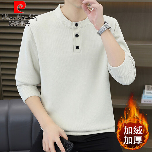 Pierre Cardin autumn and winter new velvet thickened Henry round neck sweatshirt men's casual warm long-sleeved T-shirt bottoming shirt khaki velvet thickened 2XL 160-170Jin Jin equals 0.5 kg
