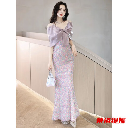 Tilotina French elegant fishtail host dress light luxury niche high-end banquet elegant lady evening dress light purple dress M (recommended to wear around 99-108)