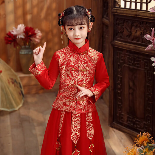 银昕儿童中山装男童中式婚礼花童礼服绸缎面秀禾服红色拜年服女童唐装 龙凤呈祥女童 上衣+裙子 150 cm 儿童身高约145/155cm