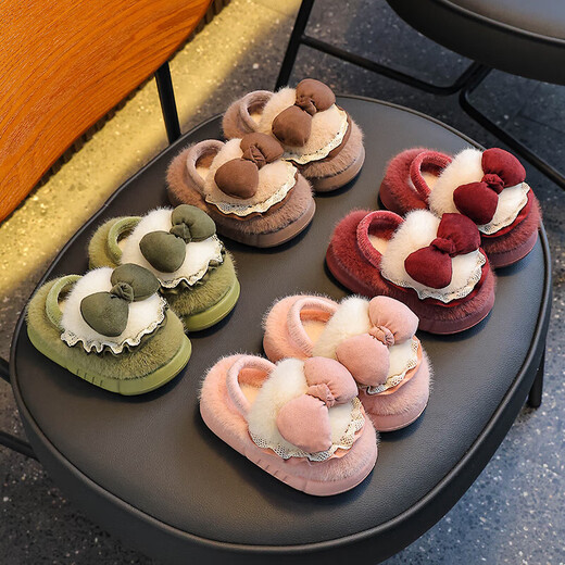 Winter children's cotton slippers for girls and princesses, non-slip EVA warm plus fluffy bow, small and medium-sized children's cotton slippers, upgraded version of environmentally friendly material pink (heel included) 12 28/29 size (inner length 17CM, no rear elastic band