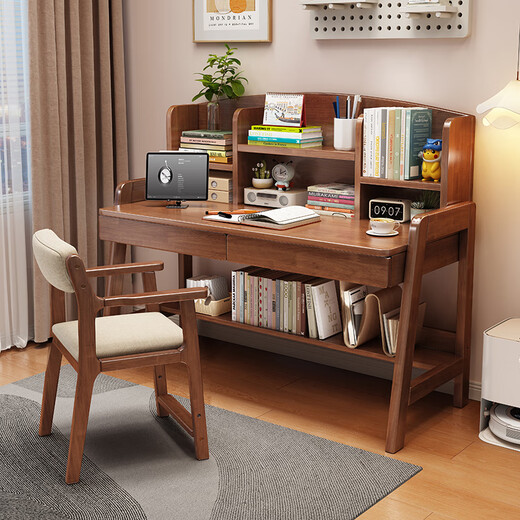Huazhou Desk Home Student Study Table with Bookshelf Can Lift Writing Table Study Computer Table 0.9 meters Log Wood Color