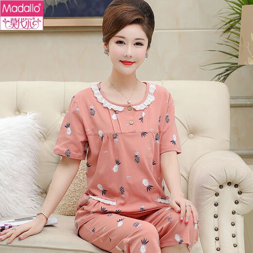 莫代尔中年妈妈睡衣女夏季纯棉短袖七分裤中老年人加大码薄款套装家居服 t3937 M (80-100斤)