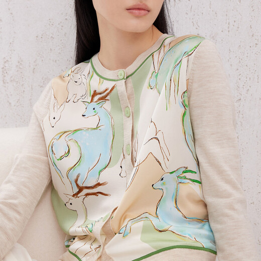 鄂尔多斯1980针梭拼接小鹿印花女针织开衫693 米底花 2XL 175/96A