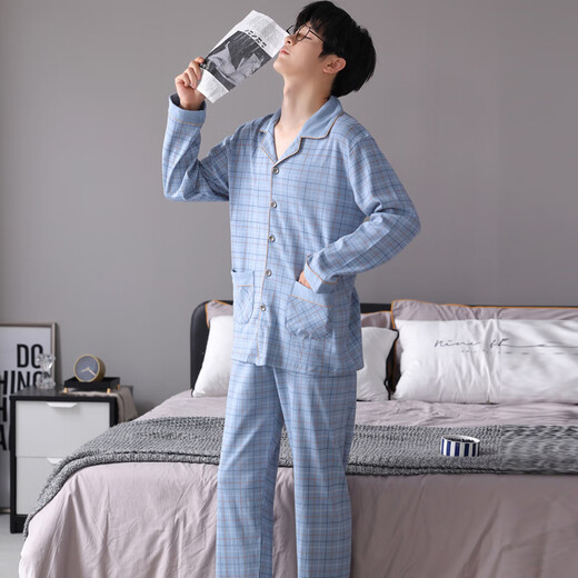 Cat Man Pure Cotton Pajamas Men's Spring and Autumn Long Sleeve Trousers Large Size Casual Loose Home Clothing Set All Cotton Can Be Outer Wear 3880 Light Blue L [Suggested 110-130Jin [Jin equals 0.5 kg]]