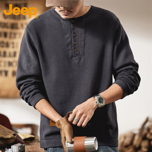 JEEP Jeep Sweater Men's Knitted Bottoming Shirt 2024 Winter Casual Henley Collar Heavy Long Sleeve T-Shirt Men's Spring 2319 Blue Gray Jeep Official S_70-89Jin Jin is equal to 0.5 kg