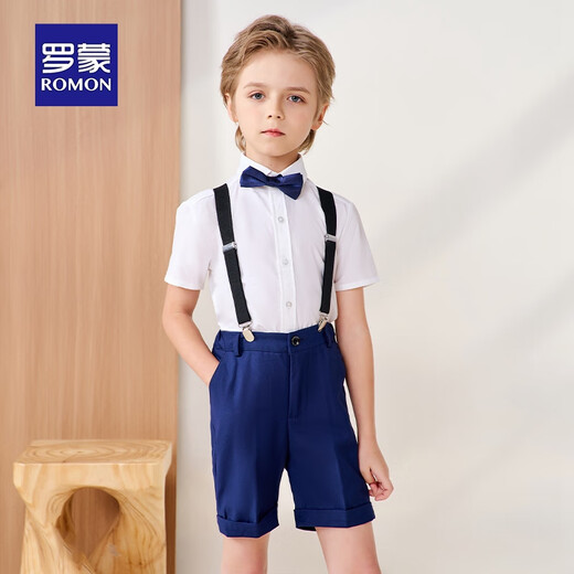 罗蒙儿童背带礼服套装男童礼服钢琴演出服中大童英伦风 藏青套装 170