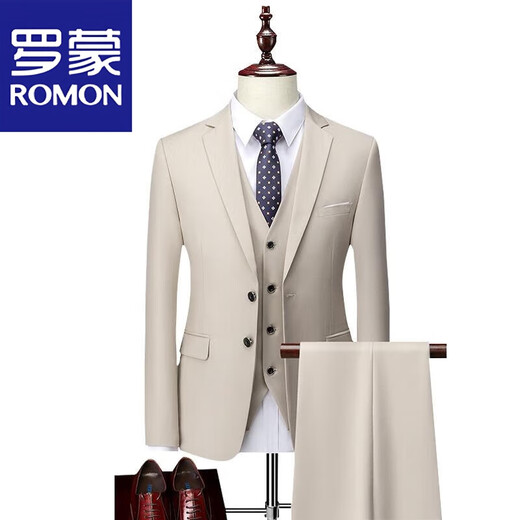 ROMON Men's Suit Suit Professional Formal Korean Style Slim Groom Wedding Dress Groomsmen Suit Business Casual Suit Spring Apricot Two-piece Top + Trousers M